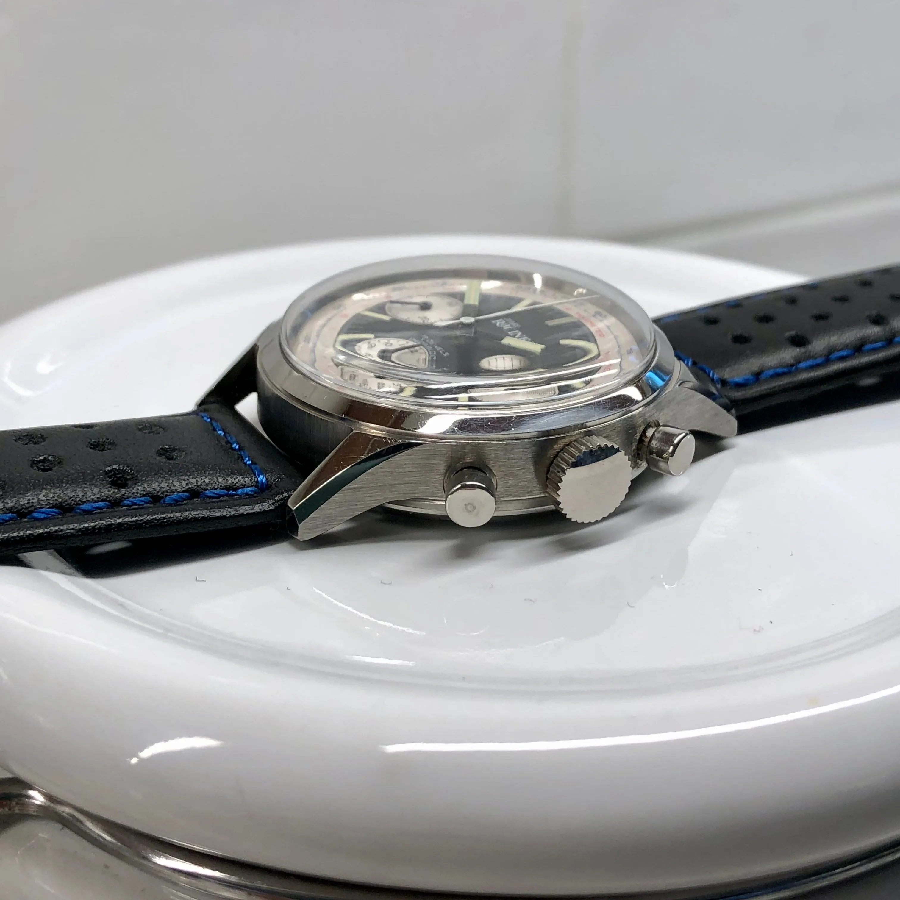 Jules Racine Gallet Chronograph Valjoux 7736 Multiscale Black Dial 37mm Steel Vintage Wristwatch Old Stock