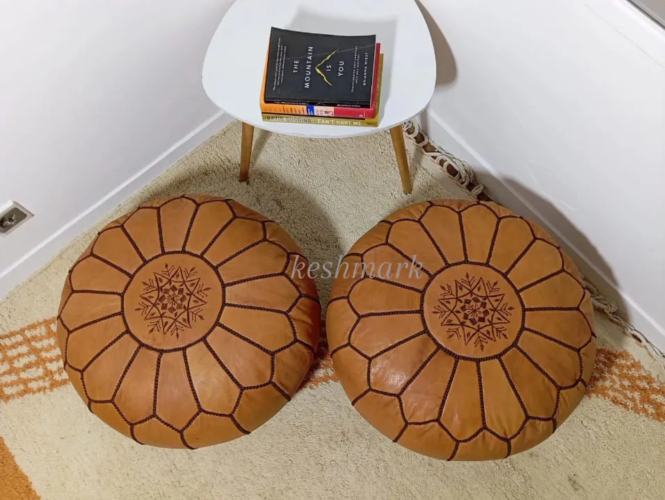 KESHMARK Luxury  Brown with brown stitch Round Pouf Handmade Comfortable Boho Ottoman & Footrest Premium Cow Leather