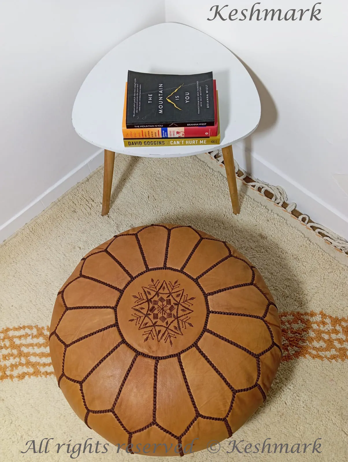 KESHMARK Luxury  Brown with brown stitch Round Pouf Handmade Comfortable Boho Ottoman & Footrest Premium Cow Leather