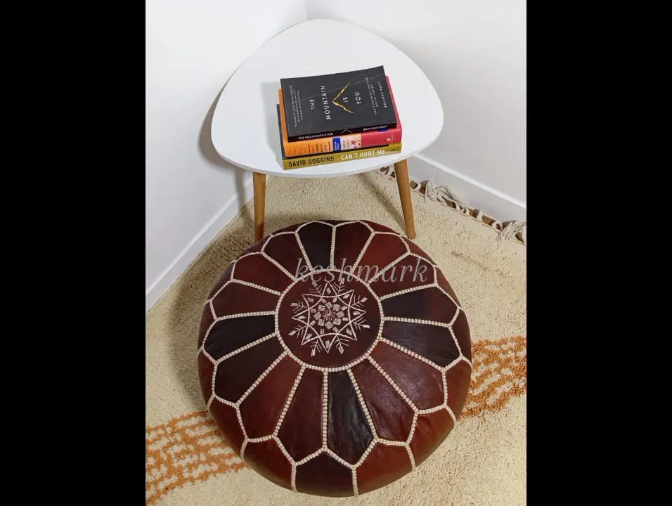 KESHMARK Luxury  Brown with brown stitch Round Pouf Handmade Comfortable Boho Ottoman & Footrest Premium Cow Leather