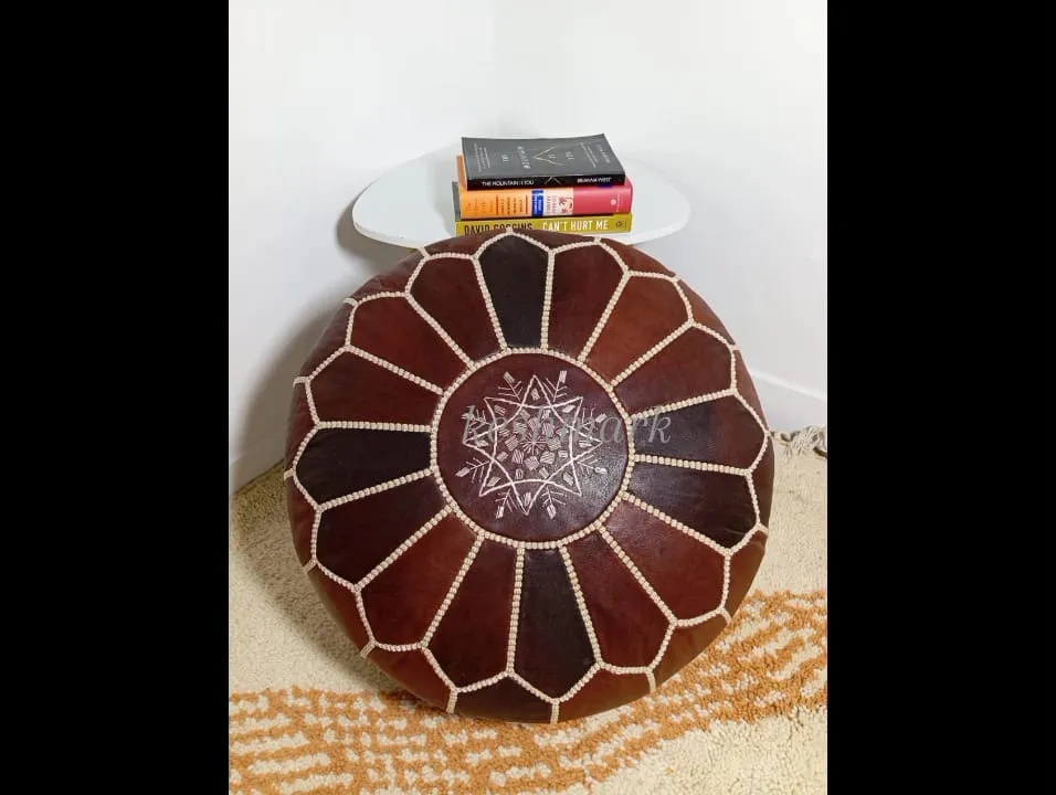 KESHMARK Luxury  Brown with brown stitch Round Pouf Handmade Comfortable Boho Ottoman & Footrest Premium Cow Leather