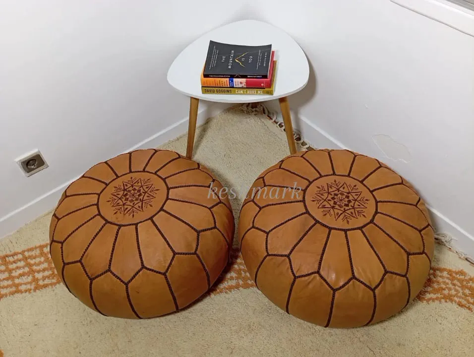 KESHMARK Luxury  Brown with brown stitch Round Pouf Handmade Comfortable Boho Ottoman & Footrest Premium Cow Leather