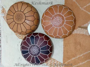 KESHMARK Luxury  Brown with brown stitch Round Pouf Handmade Comfortable Boho Ottoman & Footrest Premium Cow Leather