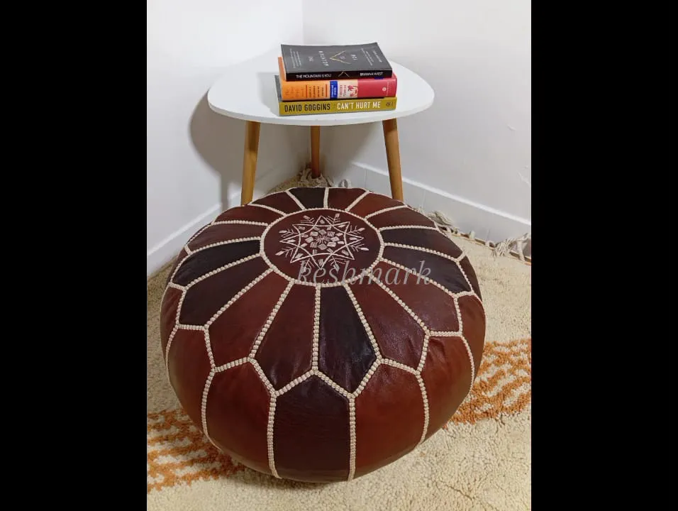 KESHMARK Luxury  Brown with brown stitch Round Pouf Handmade Comfortable Boho Ottoman & Footrest Premium Cow Leather