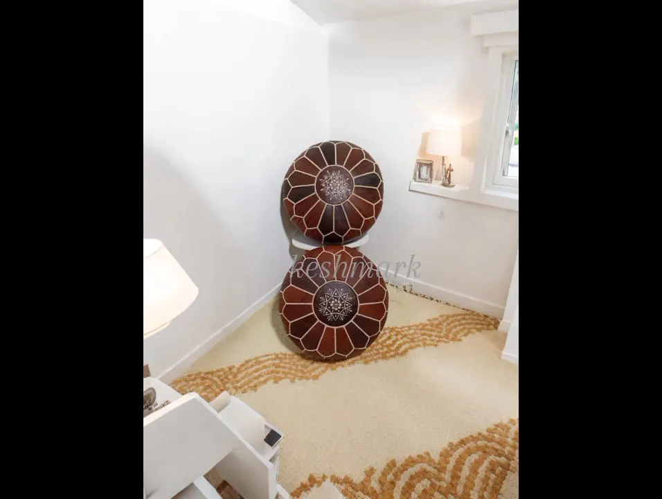 KESHMARK Luxury  Brown with brown stitch Round Pouf Handmade Comfortable Boho Ottoman & Footrest Premium Cow Leather
