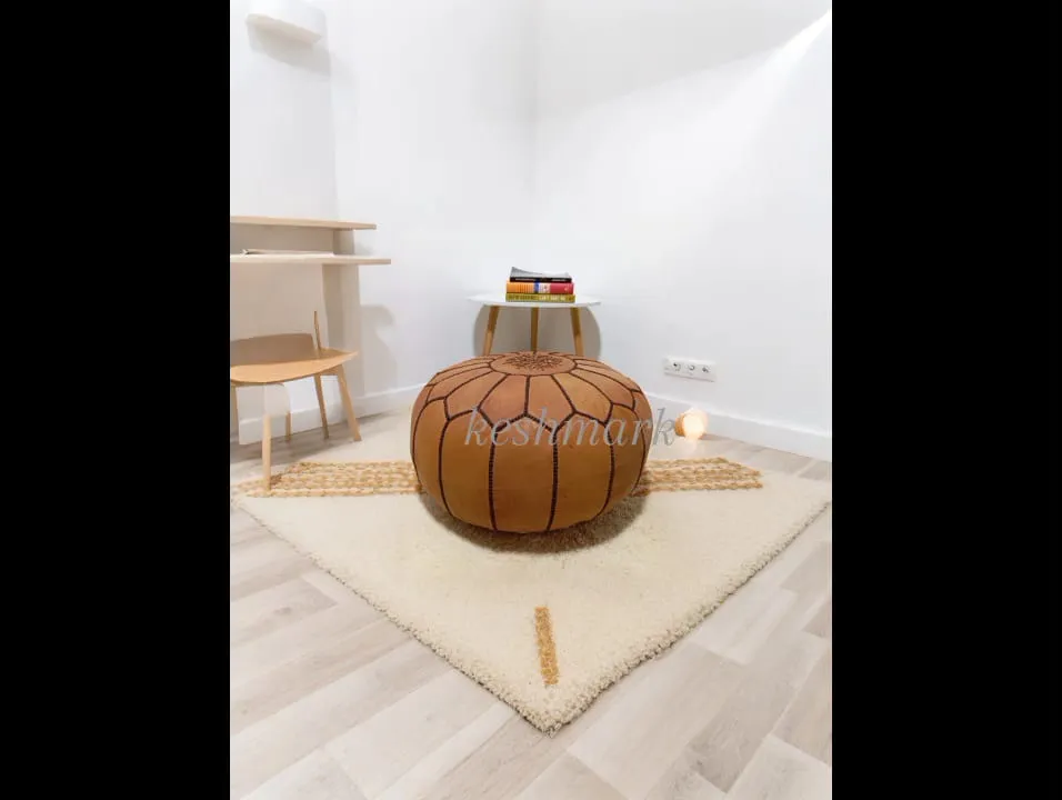 KESHMARK Luxury  Brown with brown stitch Round Pouf Handmade Comfortable Boho Ottoman & Footrest Premium Cow Leather