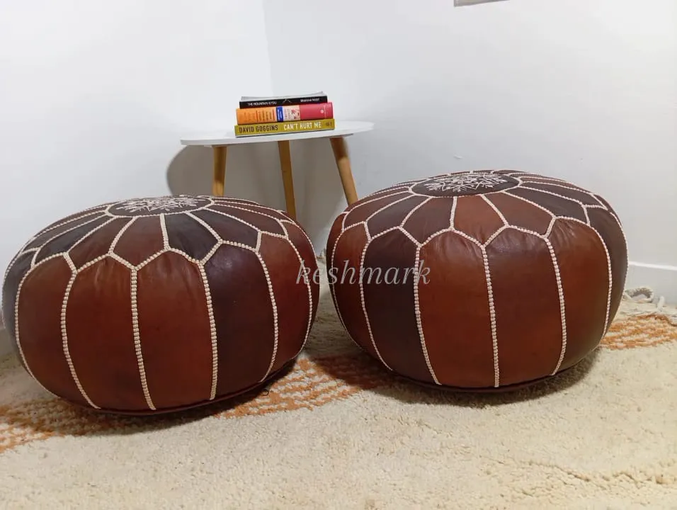 KESHMARK Luxury  Brown with brown stitch Round Pouf Handmade Comfortable Boho Ottoman & Footrest Premium Cow Leather