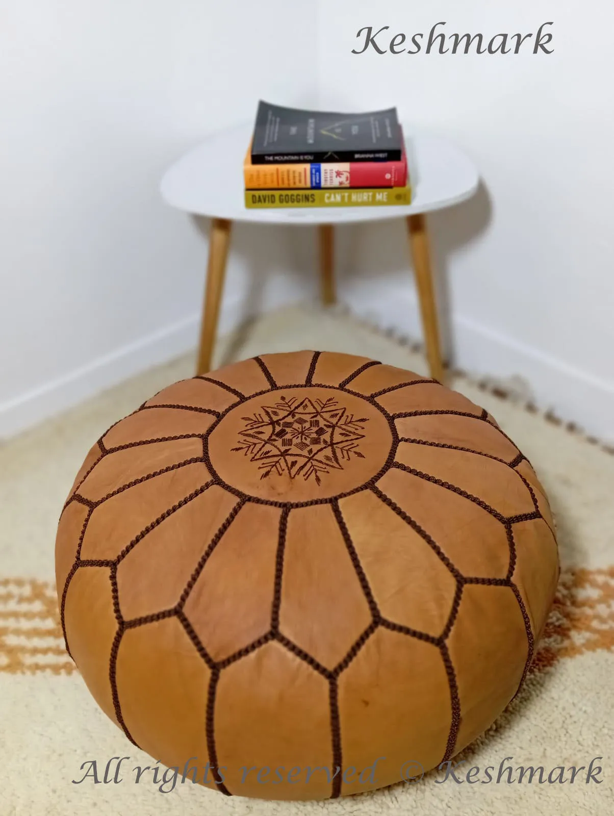 KESHMARK Luxury  Brown with brown stitch Round Pouf Handmade Comfortable Boho Ottoman & Footrest Premium Cow Leather