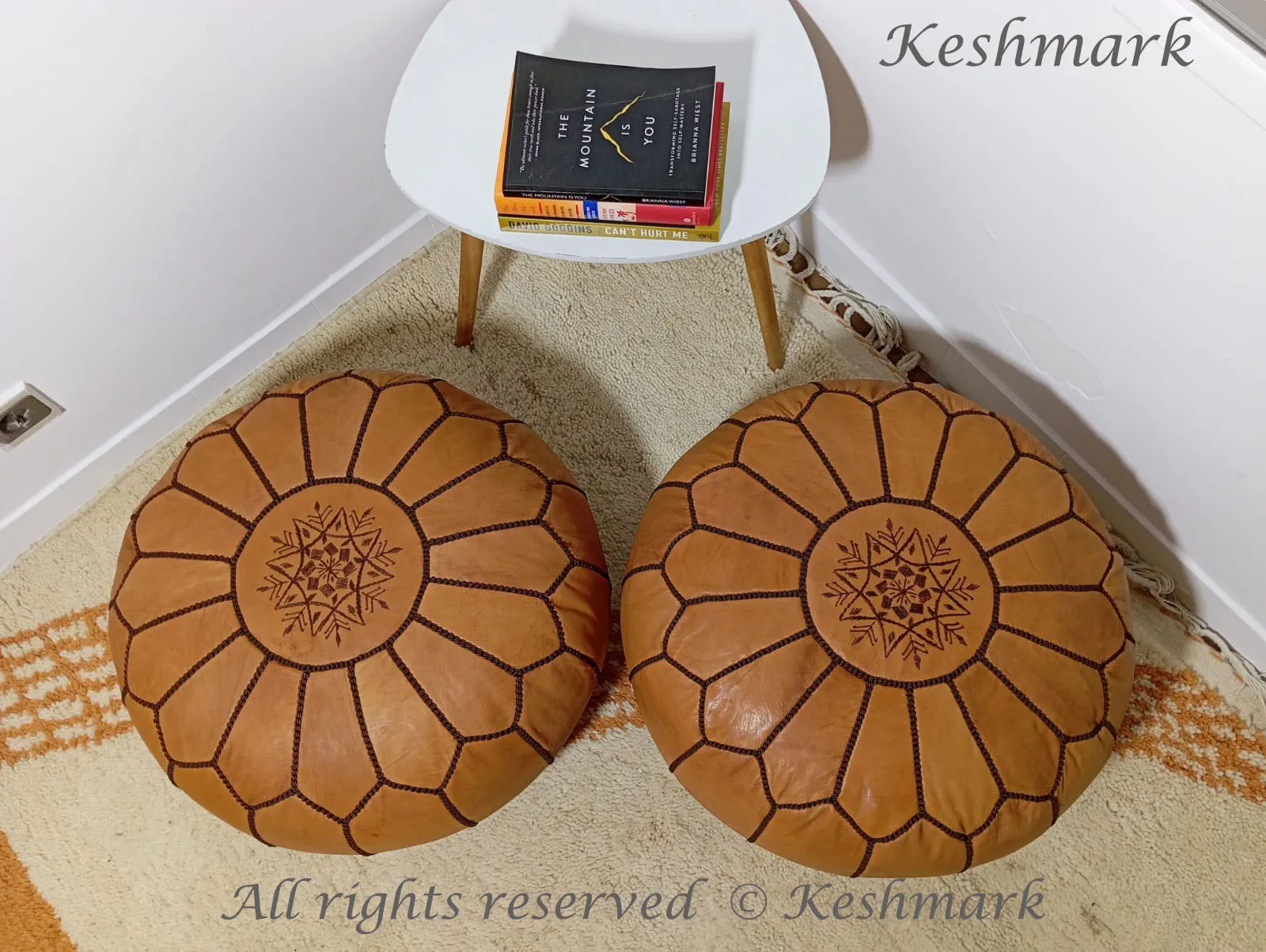KESHMARK Luxury  Brown with brown stitch Round Pouf Handmade Comfortable Boho Ottoman & Footrest Premium Cow Leather