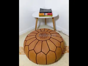 KESHMARK Luxury  Brown with brown stitch Round Pouf Handmade Comfortable Boho Ottoman & Footrest Premium Cow Leather