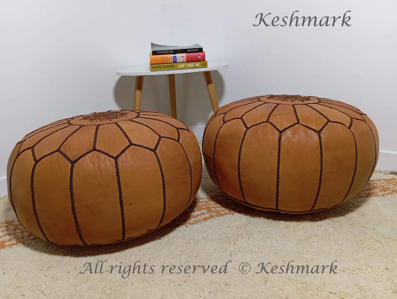 KESHMARK Luxury  Brown with brown stitch Round Pouf Handmade Comfortable Boho Ottoman & Footrest Premium Cow Leather