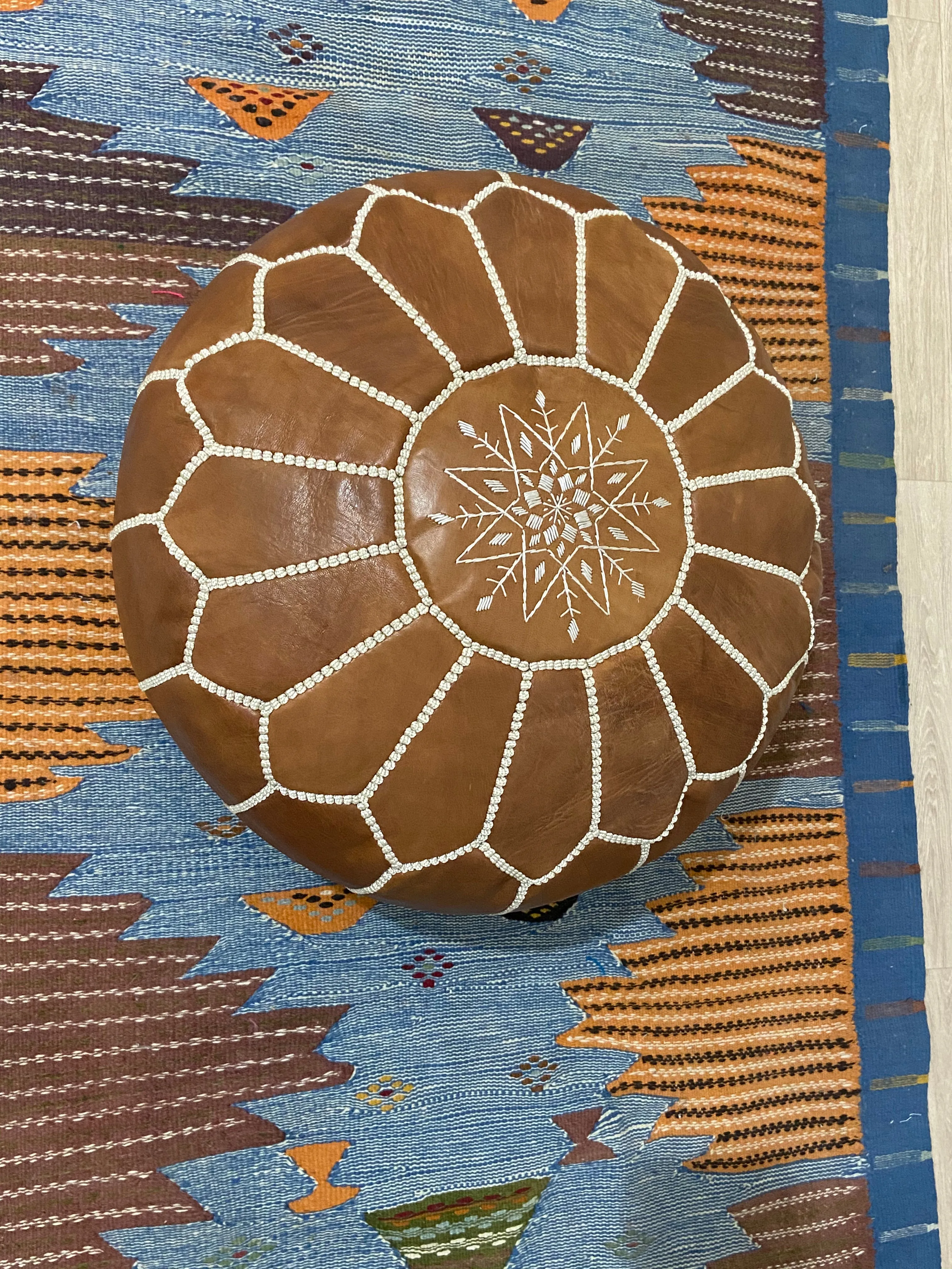 KESHMARK Luxury Tan Brown Round Pouf Handmade Comfortable Boho Ottoman & Footrest Premium Cow Leather