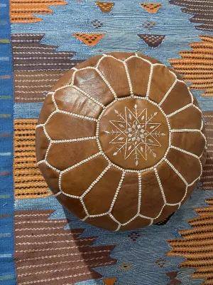 KESHMARK Luxury Tan Brown Round Pouf Handmade Comfortable Boho Ottoman & Footrest Premium Cow Leather