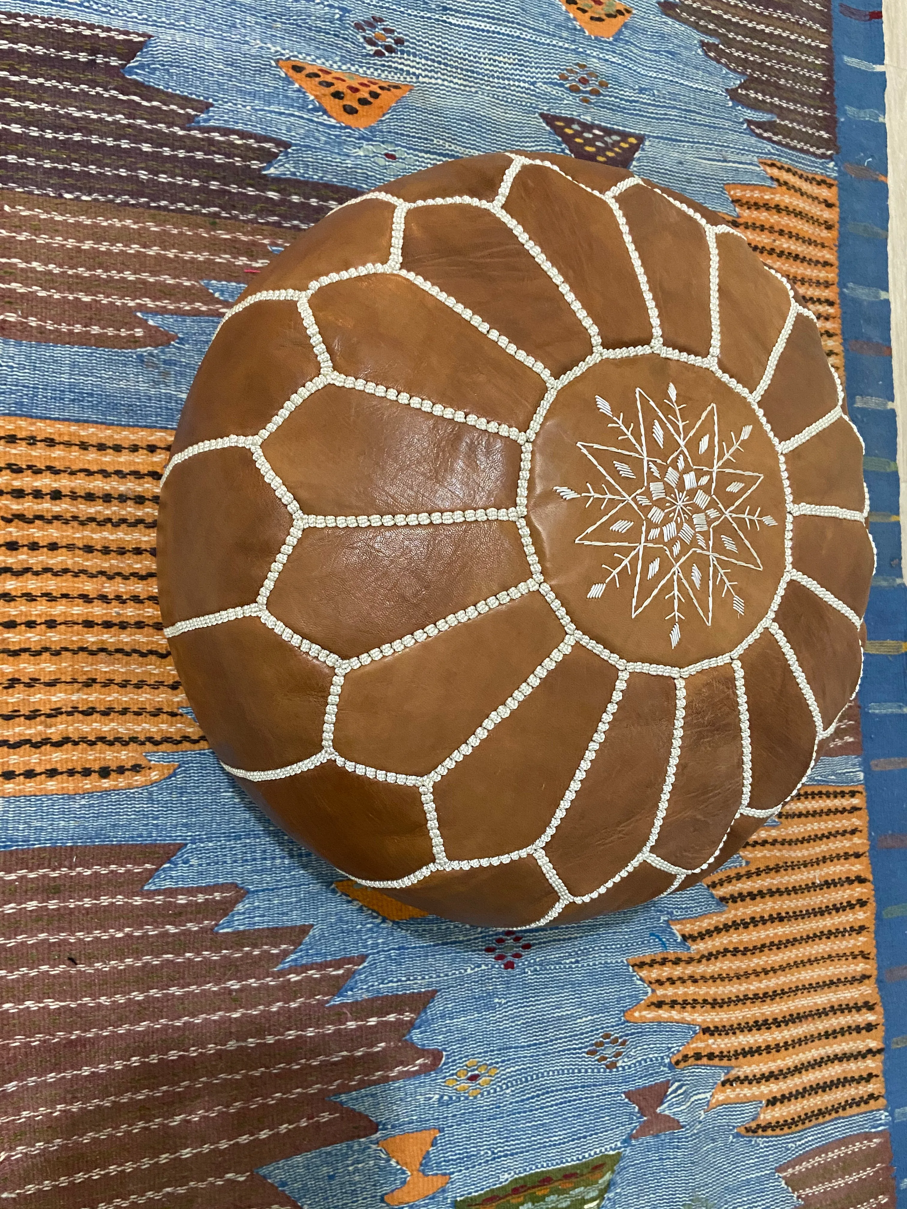 KESHMARK Luxury Tan Brown Round Pouf Handmade Comfortable Boho Ottoman & Footrest Premium Cow Leather