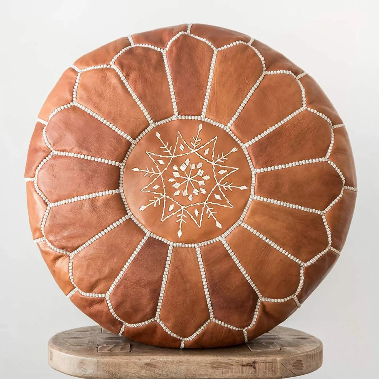 KESHMARK Luxury Tan Brown Round Pouf Handmade Comfortable Boho Ottoman & Footrest Premium Cow Leather