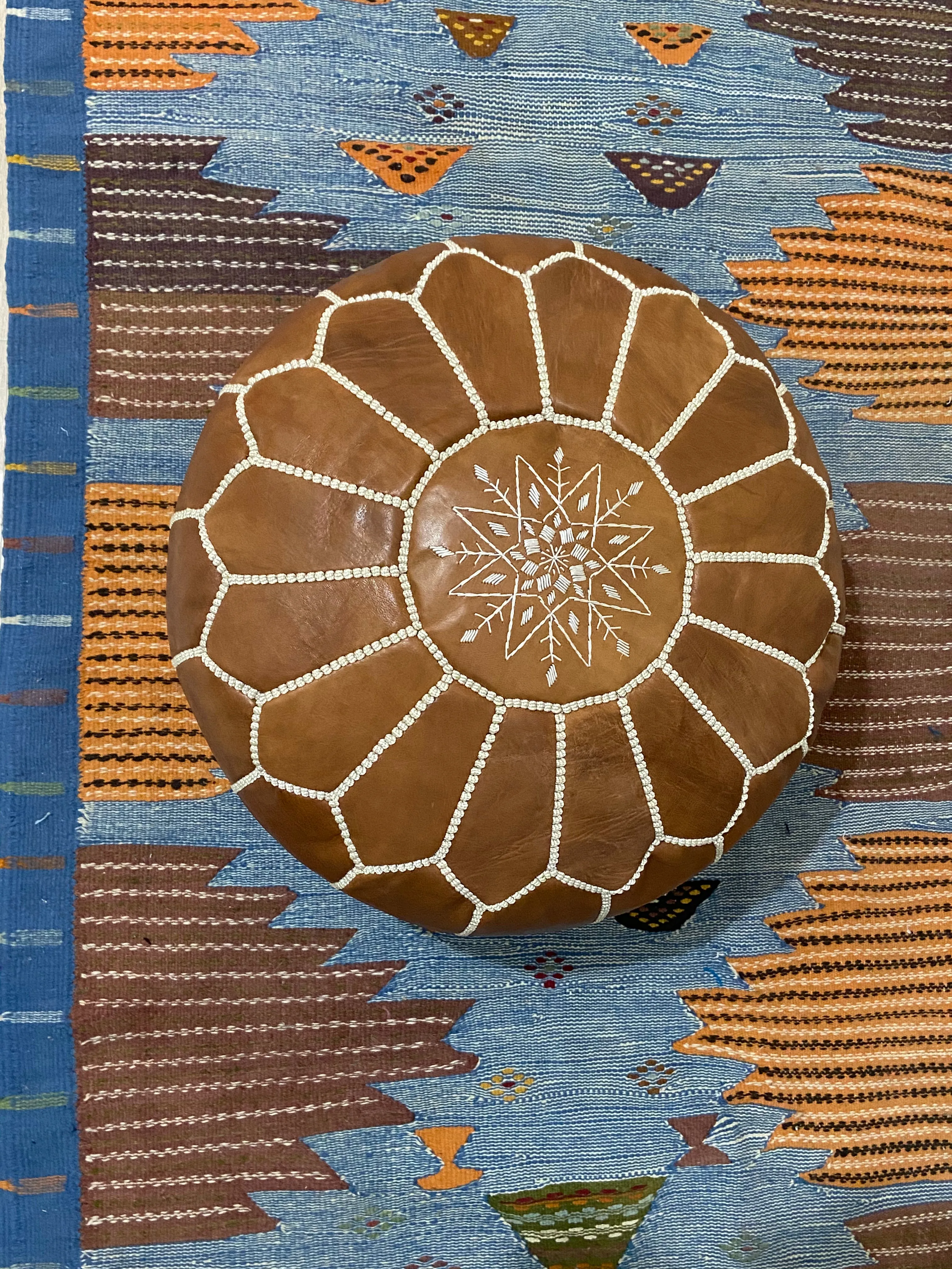 KESHMARK Luxury Tan Brown Round Pouf Handmade Comfortable Boho Ottoman & Footrest Premium Cow Leather