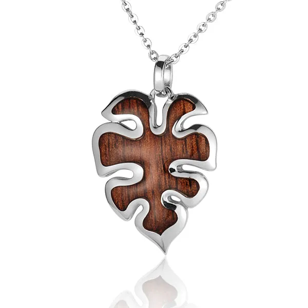 KOA Wood inlaid Sterling Silver Monstera Pendant (Chain Sold Separately)