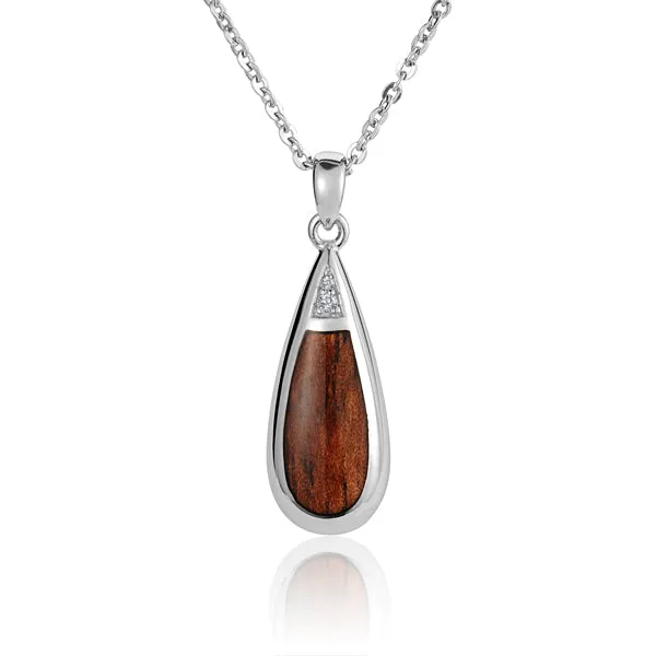Koa Wood Inlaid Tear Drop with Two Cubic Zirconia Pendant (Chain Sold Separately)