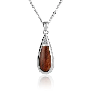 Koa Wood Inlaid Tear Drop with Two Cubic Zirconia Pendant (Chain Sold Separately)