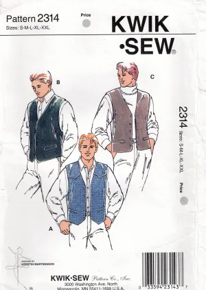 Kwik Sew 2314 Mens Vests in 3 Styles 1990s Vintage Sewing Pattern Size S - XXL UNCUT Factory Folded