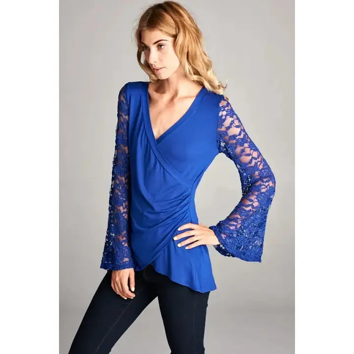 Lace Bell Sleeves Tunic Top-Royal Blue