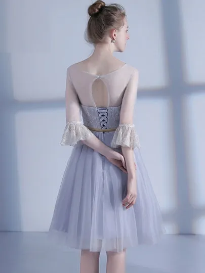 Lace Silver Half Sleeves Scoop Homecoming Dress