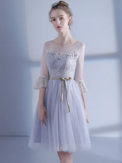 Lace Silver Half Sleeves Scoop Homecoming Dress