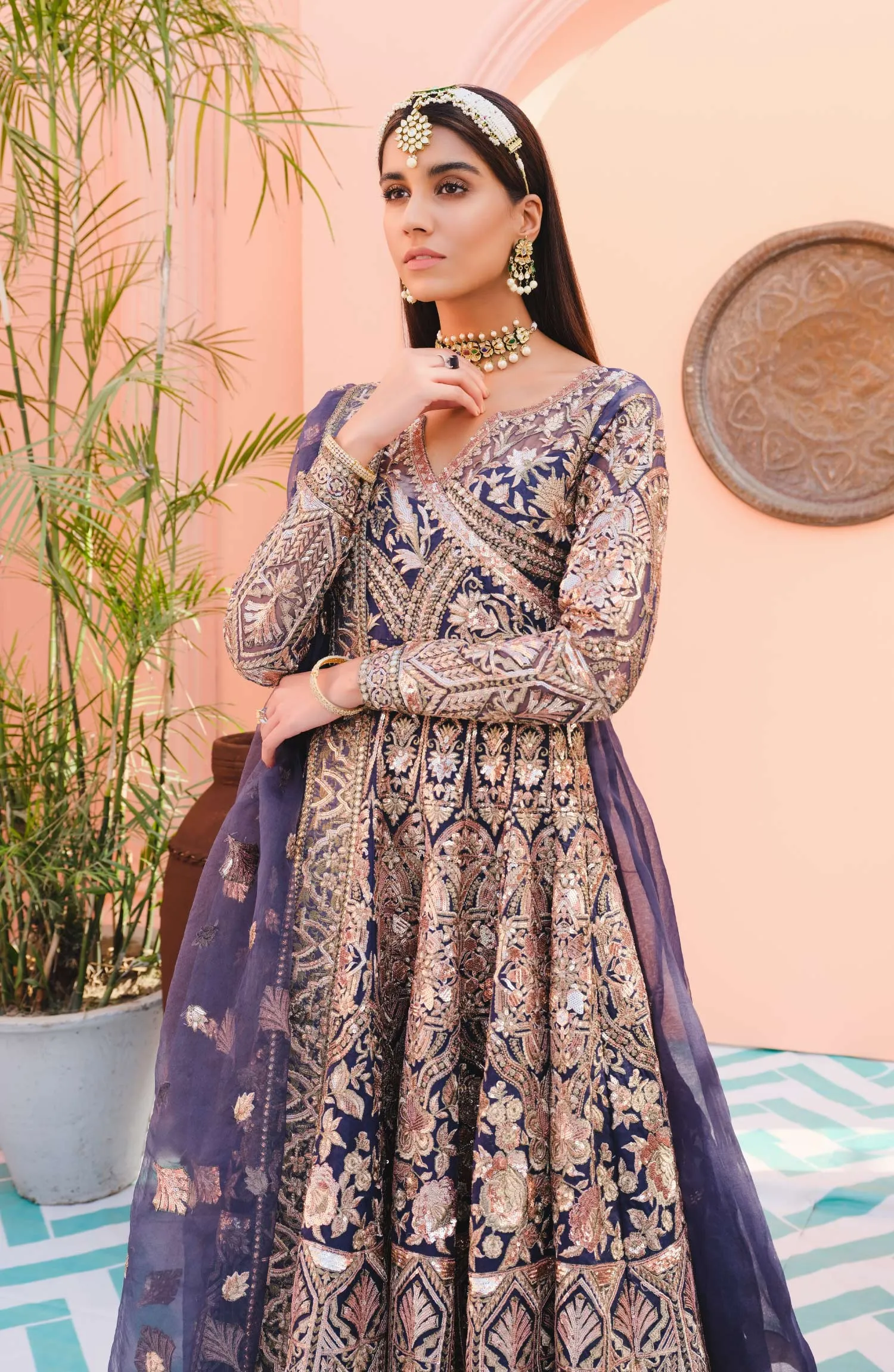 Latest Blue Dress Pakistani in Angrakha Style #PF394