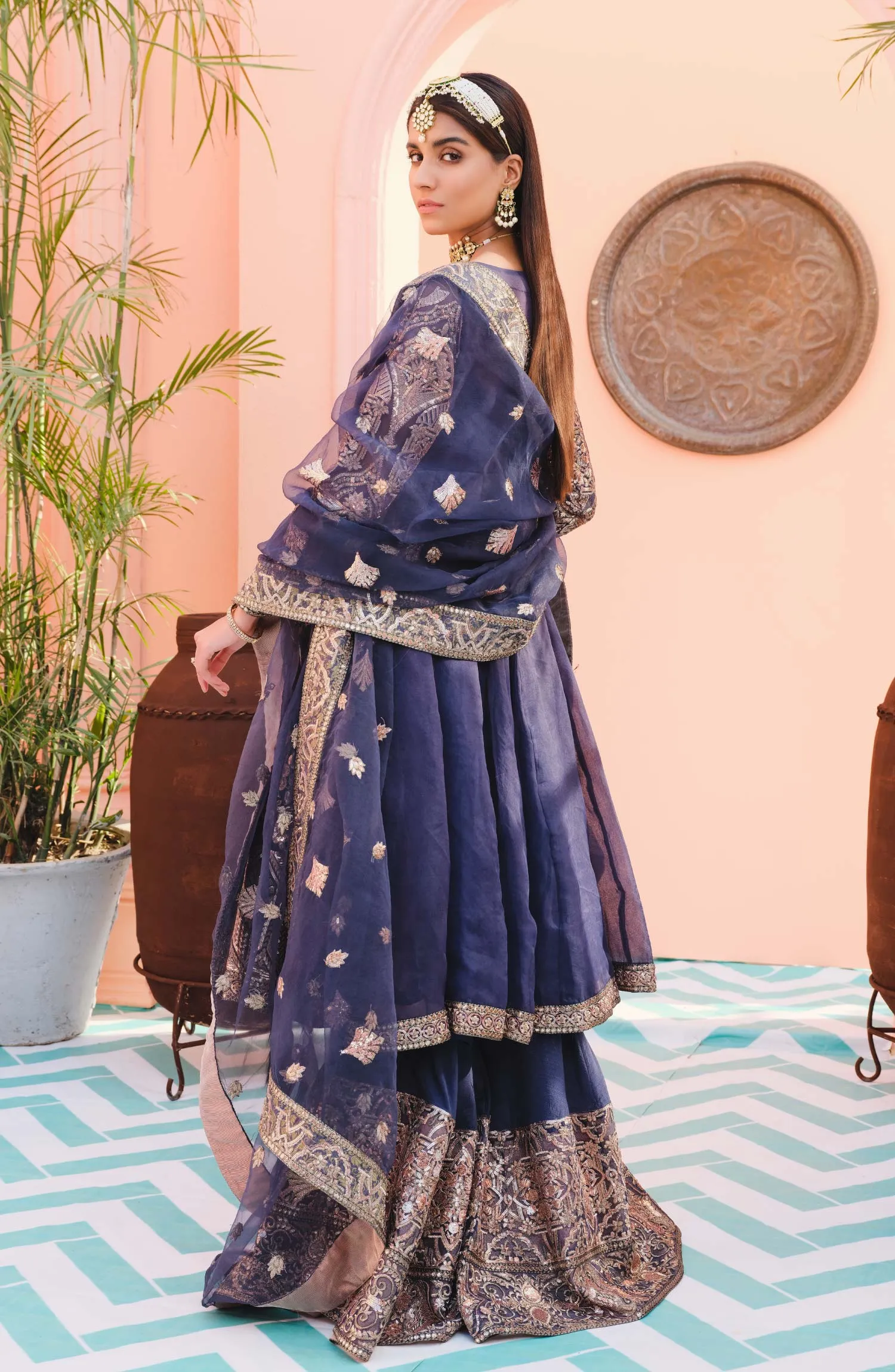 Latest Blue Dress Pakistani in Angrakha Style #PF394