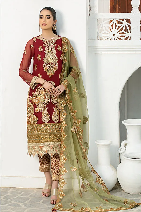 Latest Embroidered Pakistani Eid Dress in Chiffon Kameez Dupatta and Jamawar Trouser Style