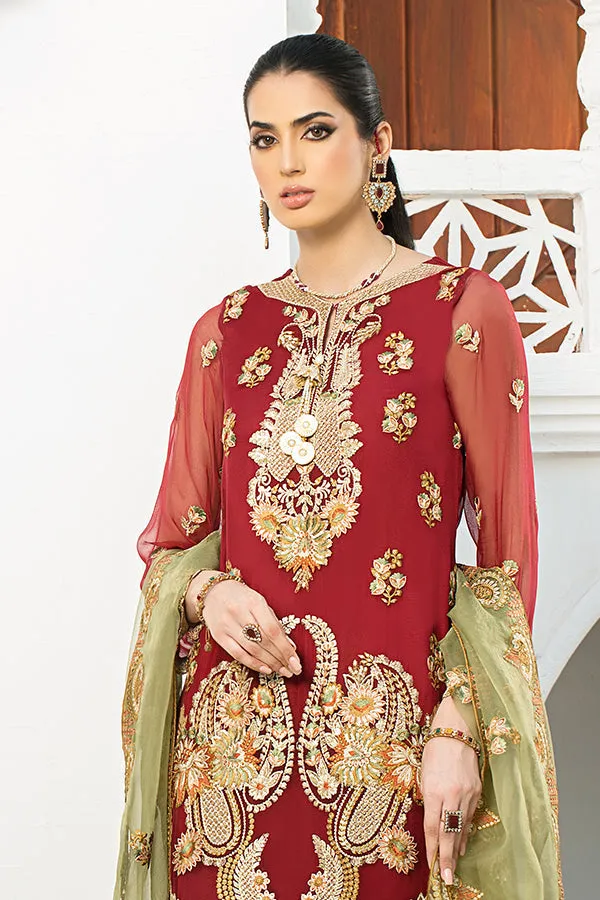 Latest Embroidered Pakistani Eid Dress in Chiffon Kameez Dupatta and Jamawar Trouser Style