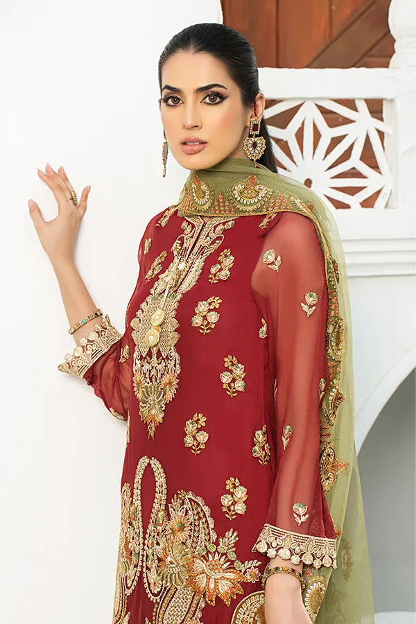 Latest Embroidered Pakistani Eid Dress in Chiffon Kameez Dupatta and Jamawar Trouser Style