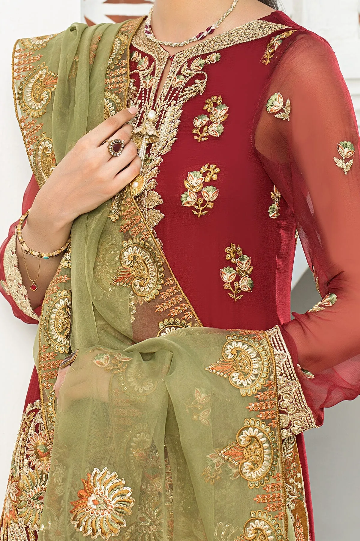Latest Embroidered Pakistani Eid Dress in Chiffon Kameez Dupatta and Jamawar Trouser Style