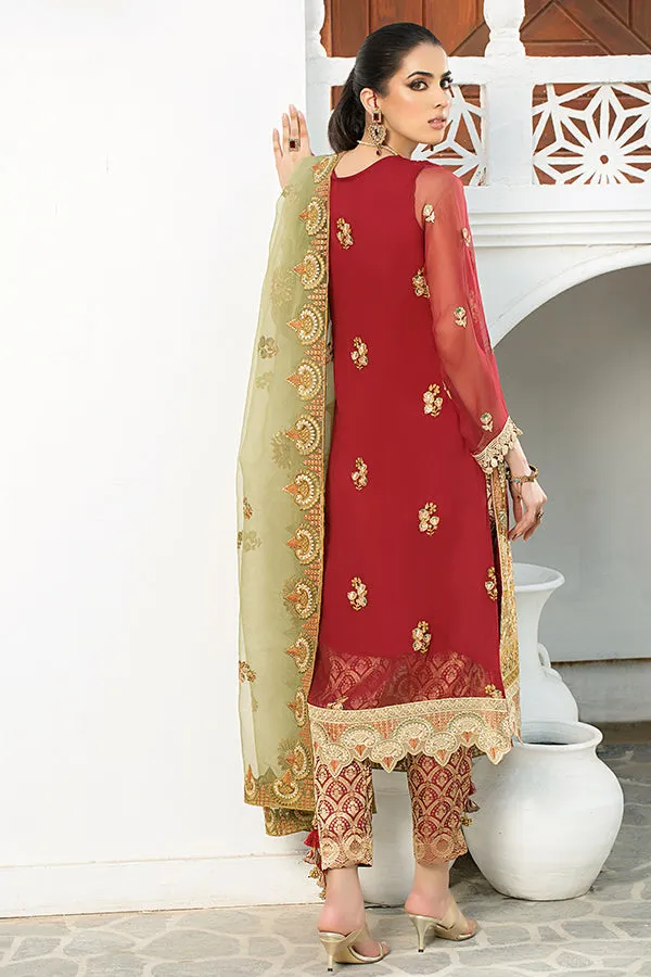 Latest Embroidered Pakistani Eid Dress in Chiffon Kameez Dupatta and Jamawar Trouser Style