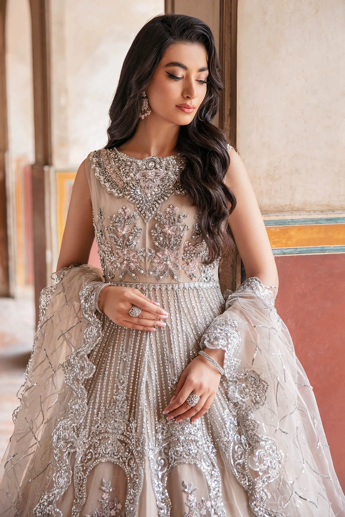 Latest Pakistani Party Dress in Premium Net Embroidered Maxi Dupatta and Lehenga Style