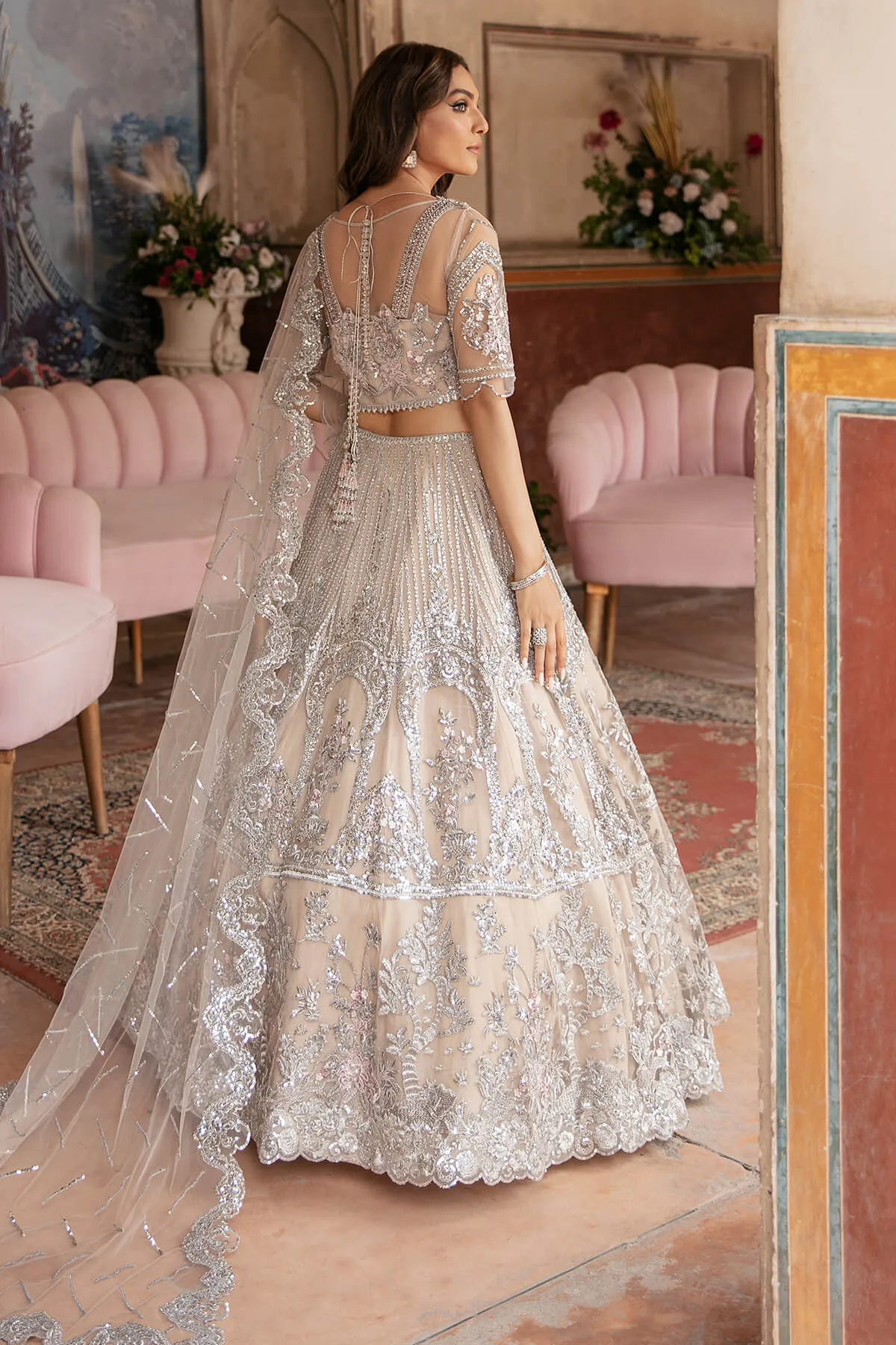 Latest Pakistani Party Dress in Premium Net Embroidered Maxi Dupatta and Lehenga Style