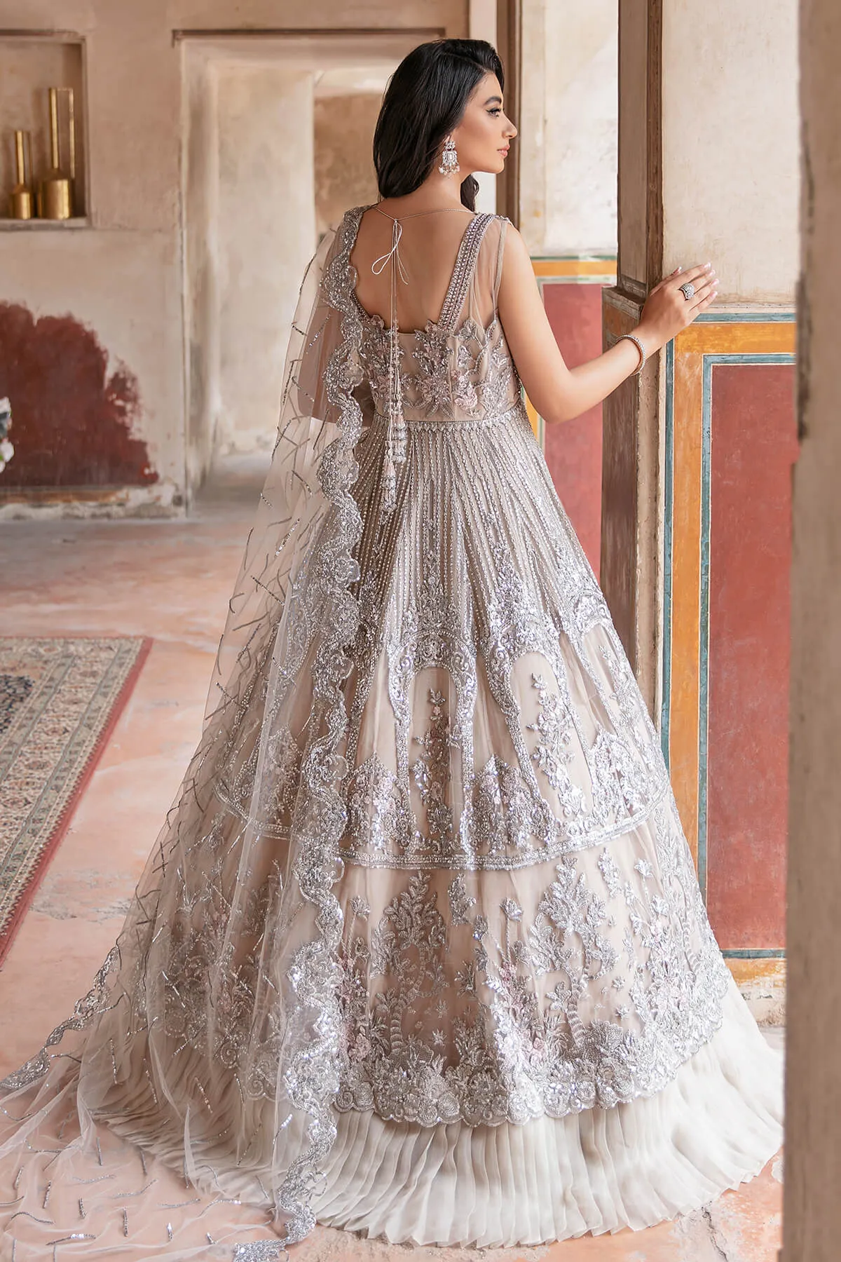 Latest Pakistani Party Dress in Premium Net Embroidered Maxi Dupatta and Lehenga Style