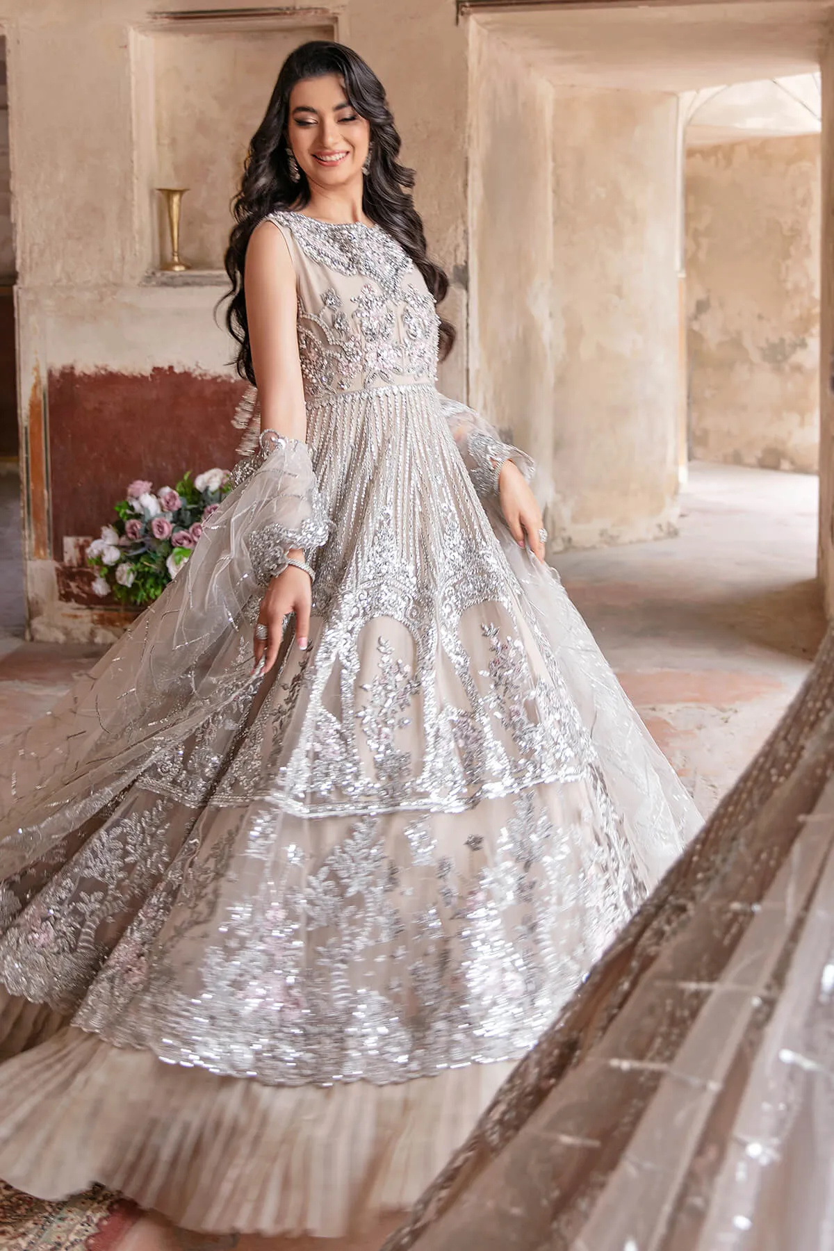 Latest Pakistani Party Dress in Premium Net Embroidered Maxi Dupatta and Lehenga Style