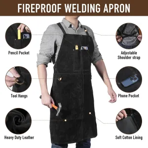 LeaSeek Cowhide Welding Work Apron, Heat Resistant & Flame Resistant adjustable Apron