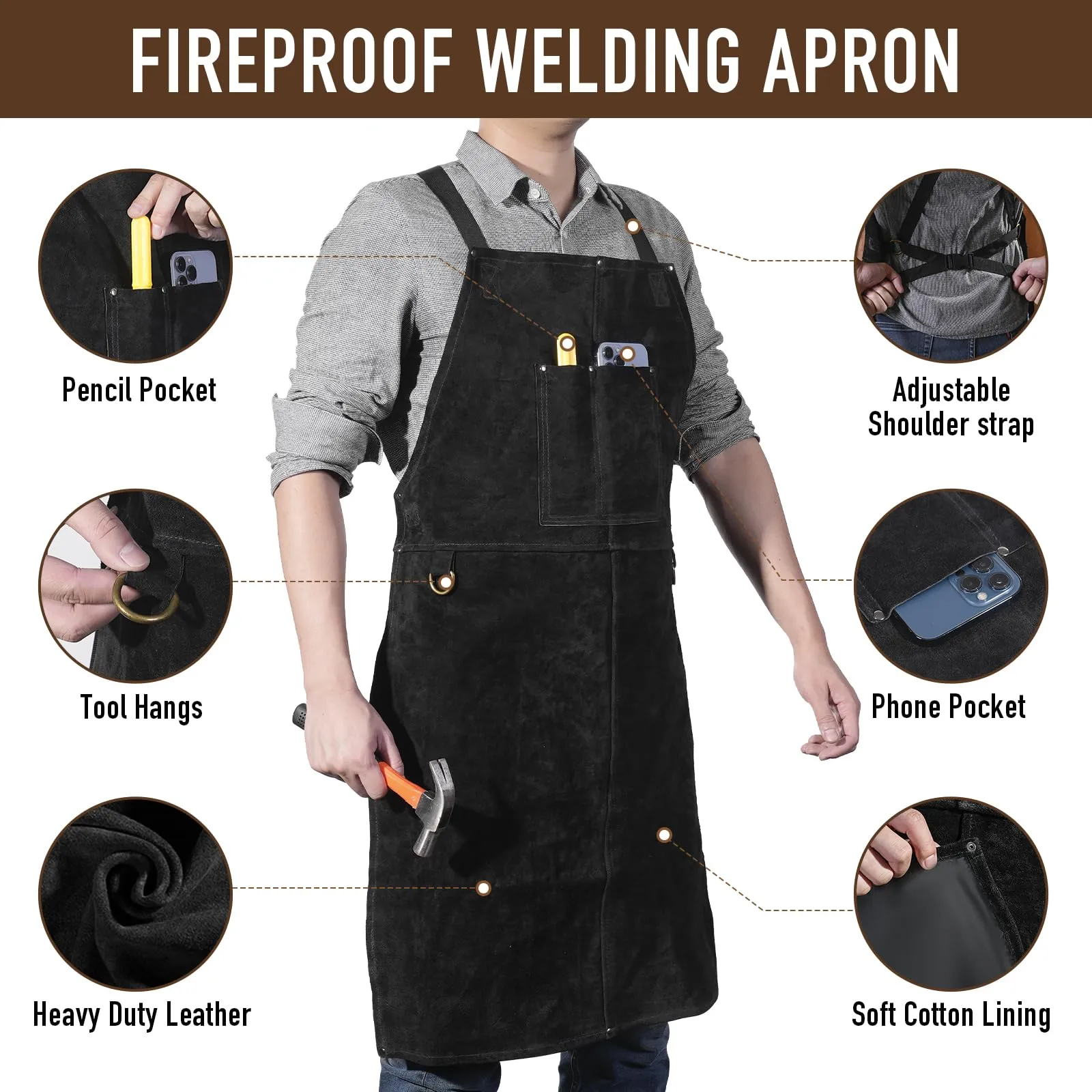 LeaSeek Cowhide Welding Work Apron, Heat Resistant & Flame Resistant adjustable Apron