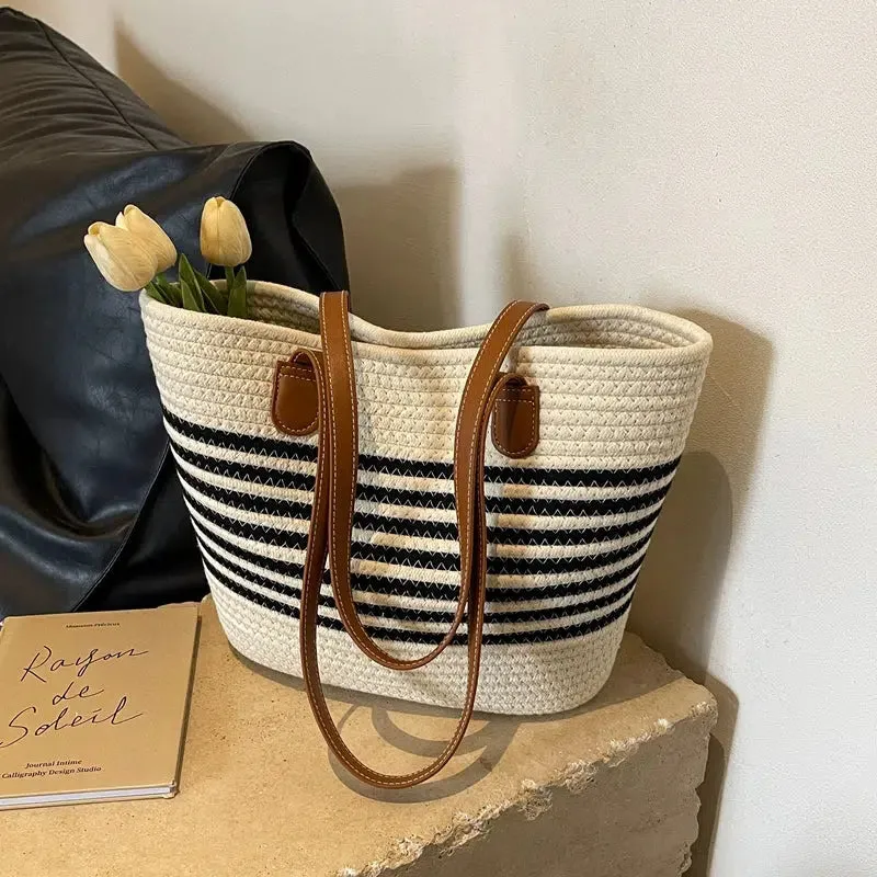 Leather Handles Striped Woven Tote Bag