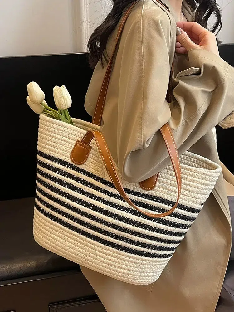 Leather Handles Striped Woven Tote Bag