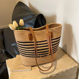 Leather Handles Striped Woven Tote Bag