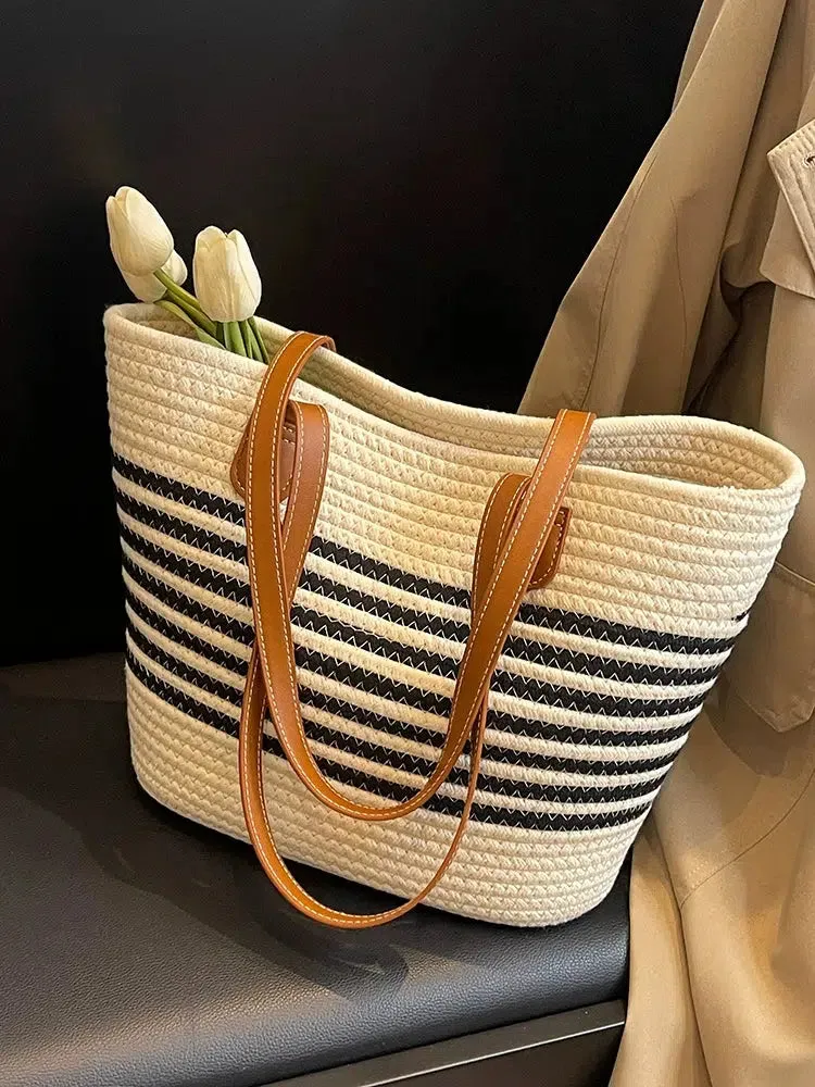 Leather Handles Striped Woven Tote Bag