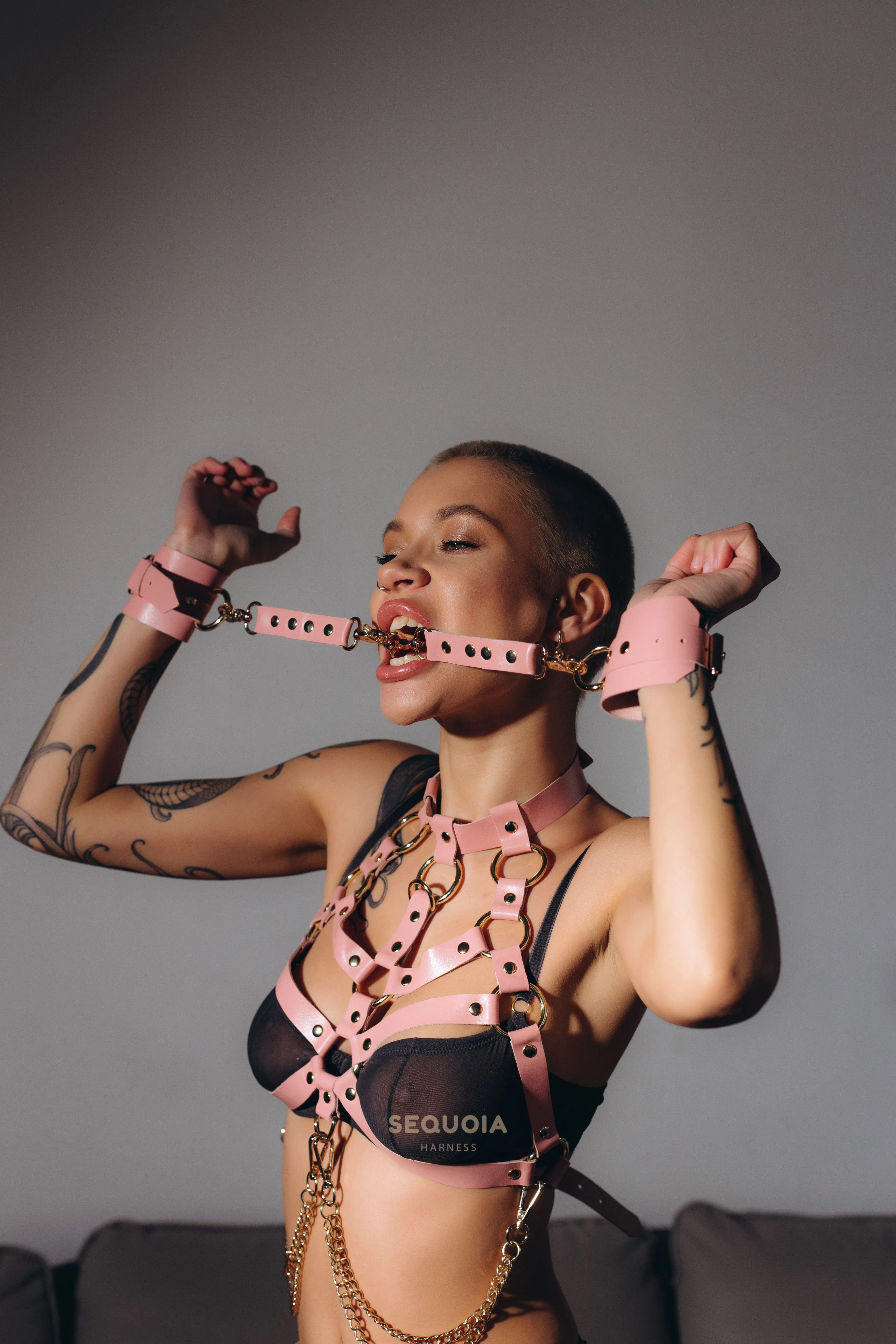 Leather Harness Set "Cassia" Pink & Cuffs