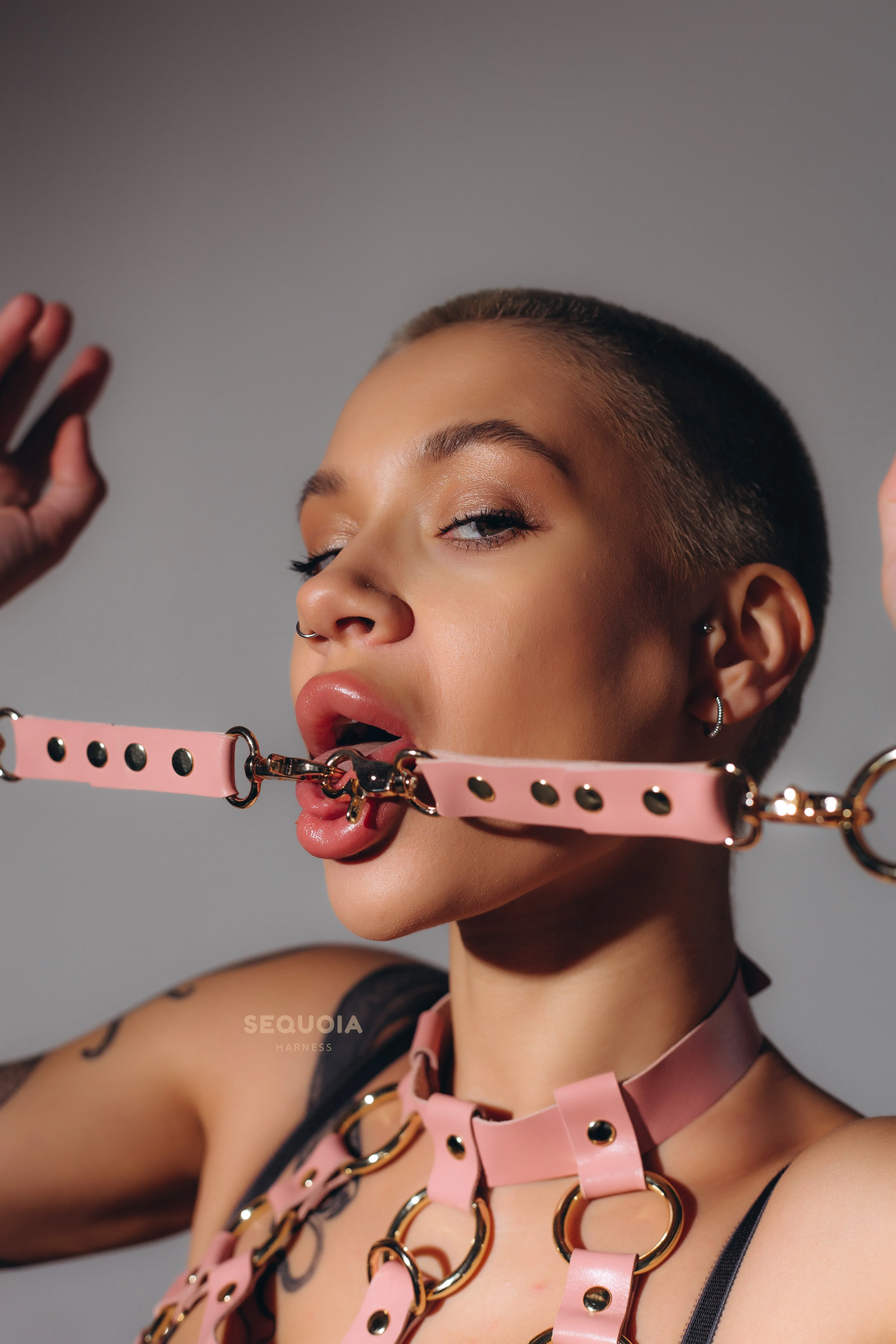 Leather Harness Set "Cassia" Pink & Cuffs
