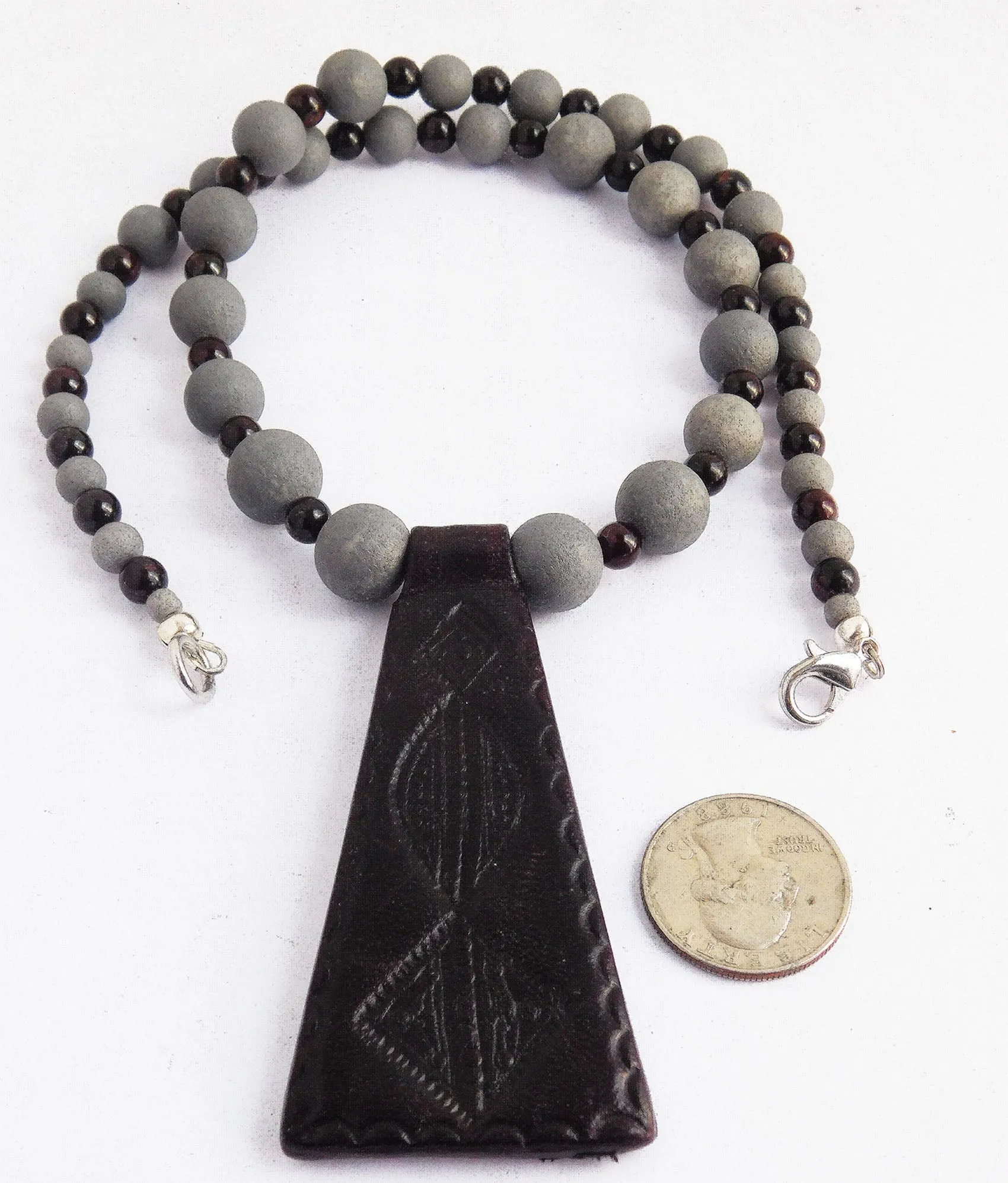 Leather Necklace Beaded Jewelry Gray Burgundy Unique Handmade