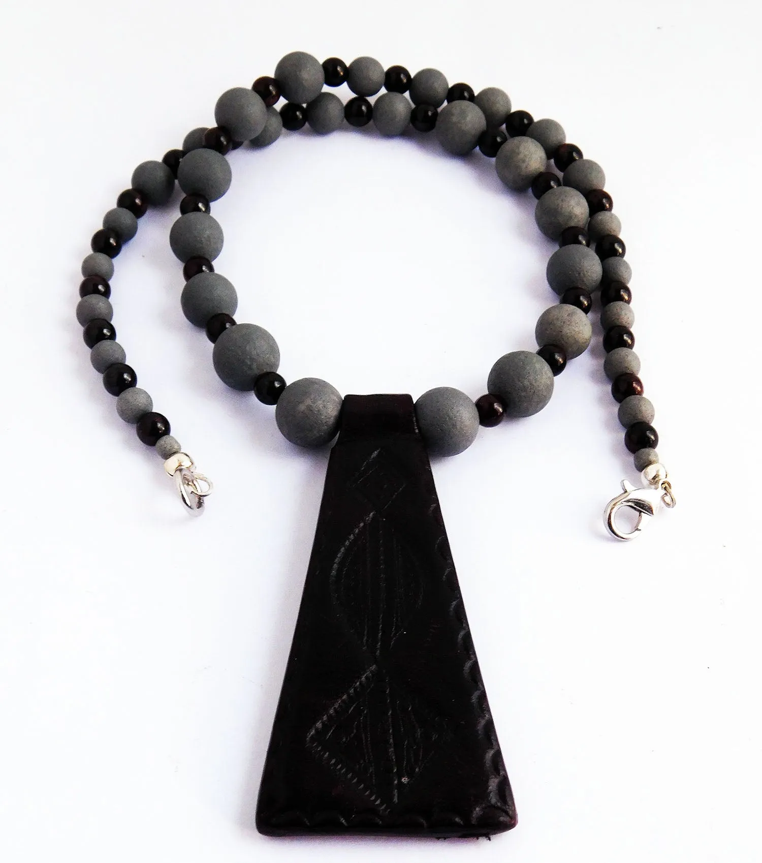 Leather Necklace Beaded Jewelry Gray Burgundy Unique Handmade
