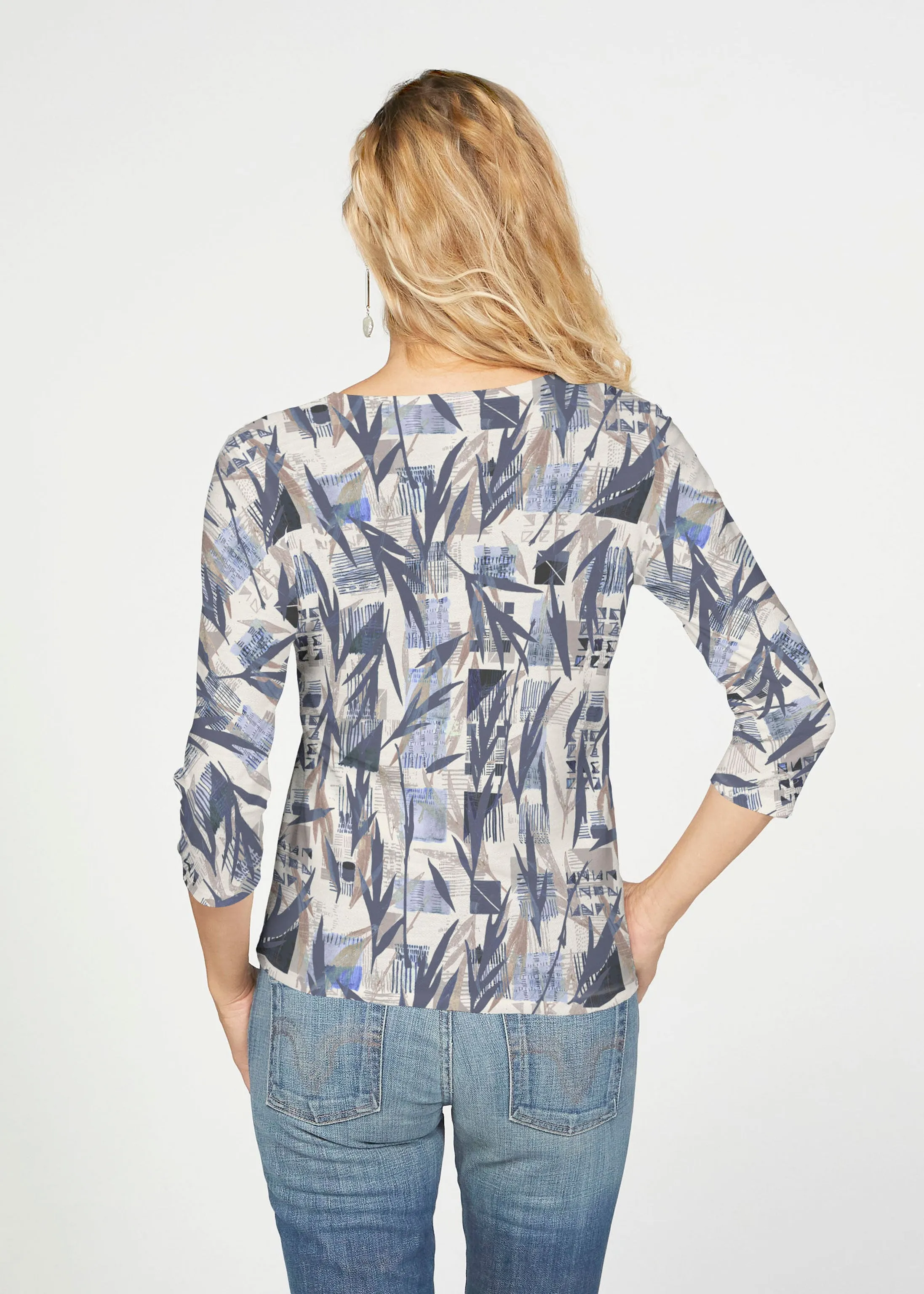 Leaves of Geo (7870) ~ French Terry Tie 3/4 Sleeve Top