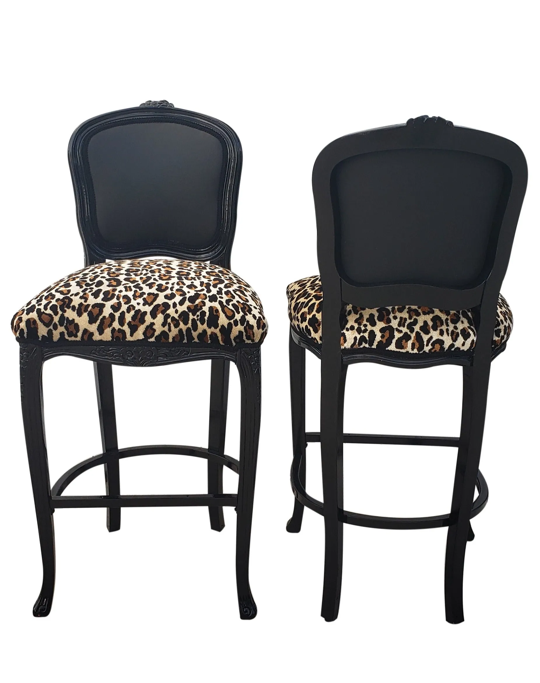 Leopard Bar Chairs - Baroque Louis XV Style Barstools - Pair